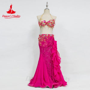 Belly Dance Costume Women's Hot Pink Sequined Halter Top and Ruffled Slit Skirt Set