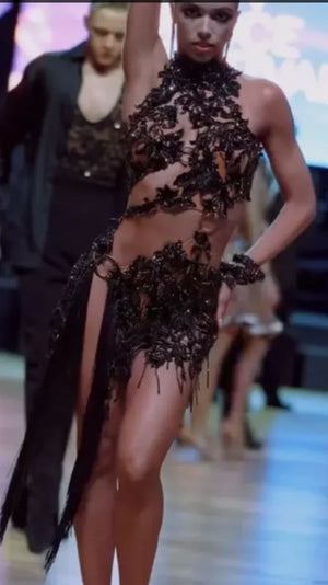 Women's Black Beaded Fringe Latin Dance Dress with Halter Neck and Cutouts