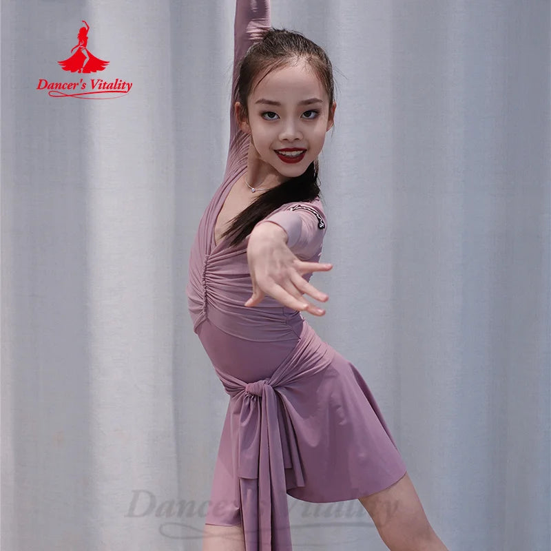 Girls' Lavender Long Sleeve V-Neck Ruched Leotard with Skirt and Headband, Mesh Sleeves, Latin Dance Dress