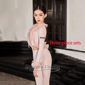 Women's White V-Neck Sport Bra and Pink High-Waisted Leggings Ballet Dancewear