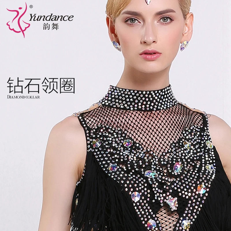 Women's Backless Latin Ballroom Dance Dress With Rhinestones And Tassel Fringe For Performance