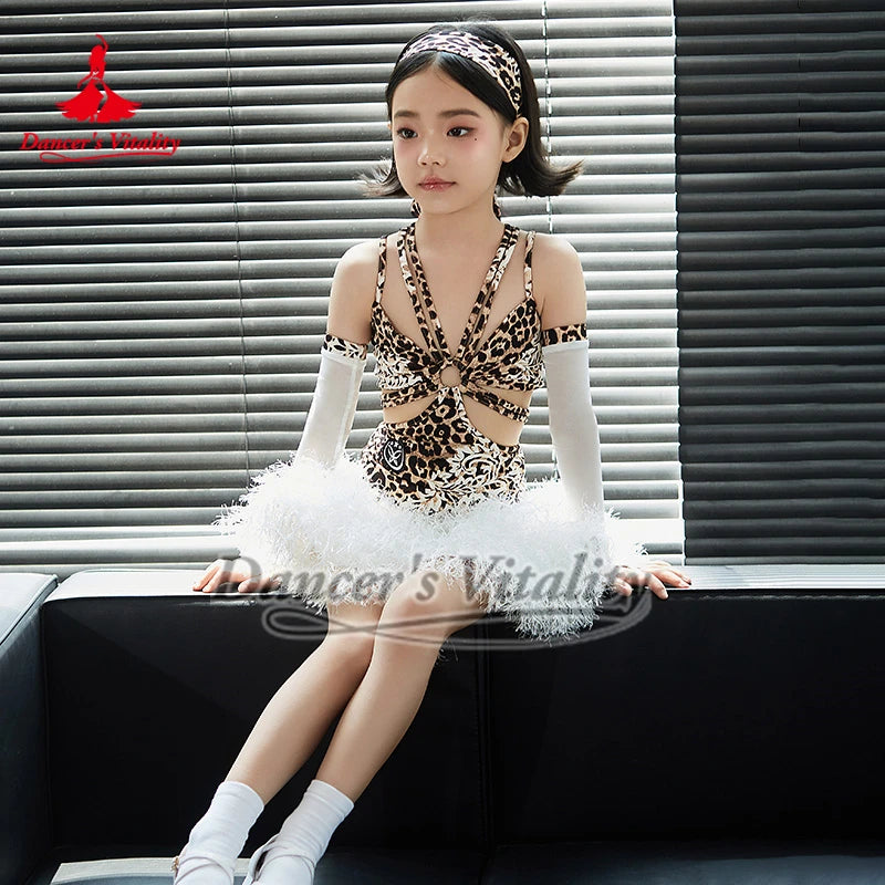Girls' Leopard Print and White Fluffy Latin Dance Dress with Arm Sleeves