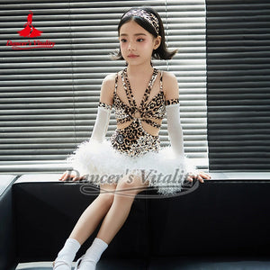 Girls' Leopard Print and White Fluffy Latin Dance Dress with Arm Sleeves