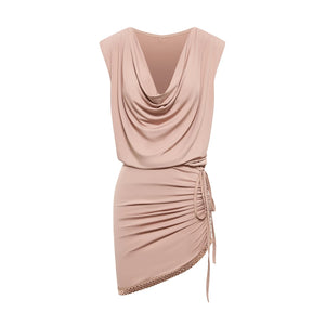 Women's Nude Pink Ruched Draped Tiered Skirt Latin Dance Dress