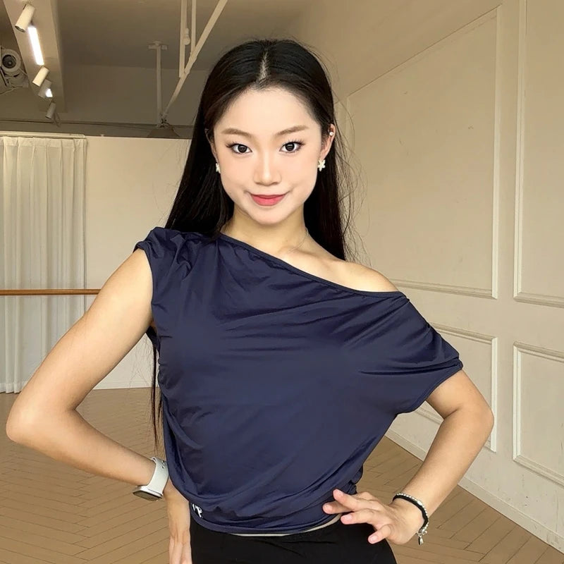 Women's Off-Shoulder Dance Top, Solid & Animal Print, Short Sleeve, Polyester Blend, Latin Dance