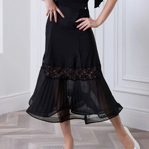 Women's Brown V-Neck Ruffle Sleeve Ruched Ballroom Dance Dress, Women's Black V-Neck Ruffle Sleeve Lace Pleated Hem Ballroom Dance Dress