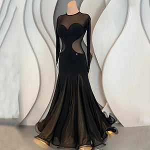 Women's Black & Gold Sheer Mesh Sweetheart Cutout Long Sleeve Ballroom Dance Dress