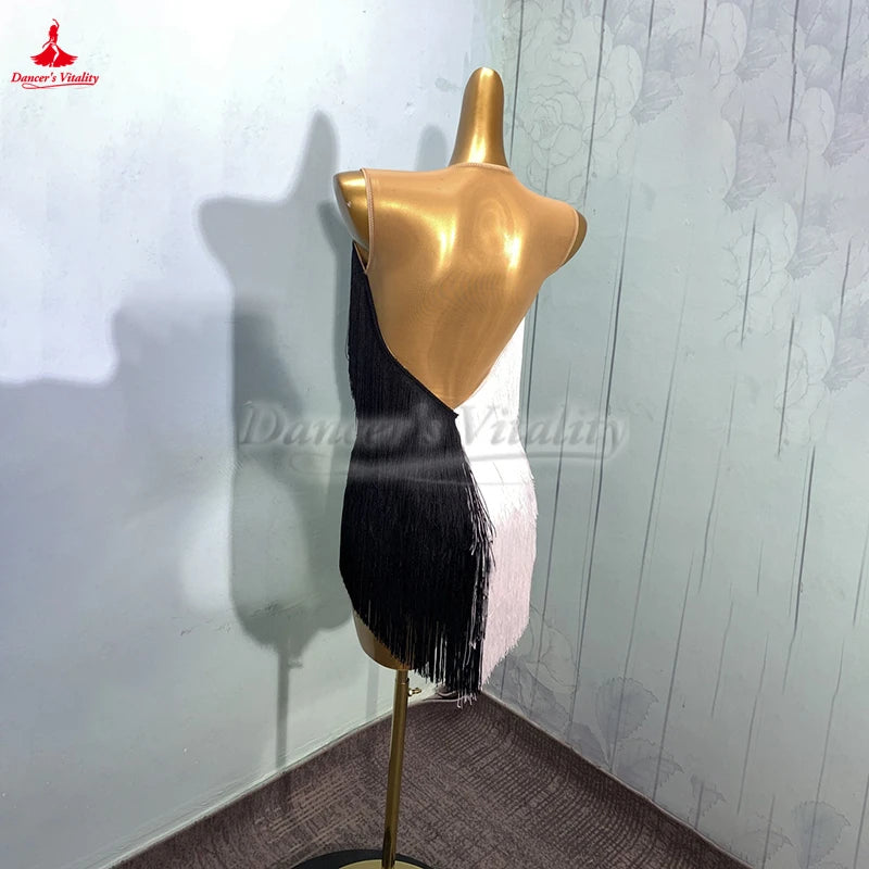 Latin Ballroom Dance Competition Dress With Tassel Fringe Black Or White For Cha Cha, Samba, Rumba, Jive