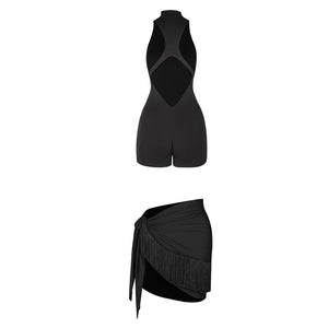 Women's Black Sleeveless High Neck Open Back Bodysuit with Fringe Tie-Waist Skirt Latin Dancewear