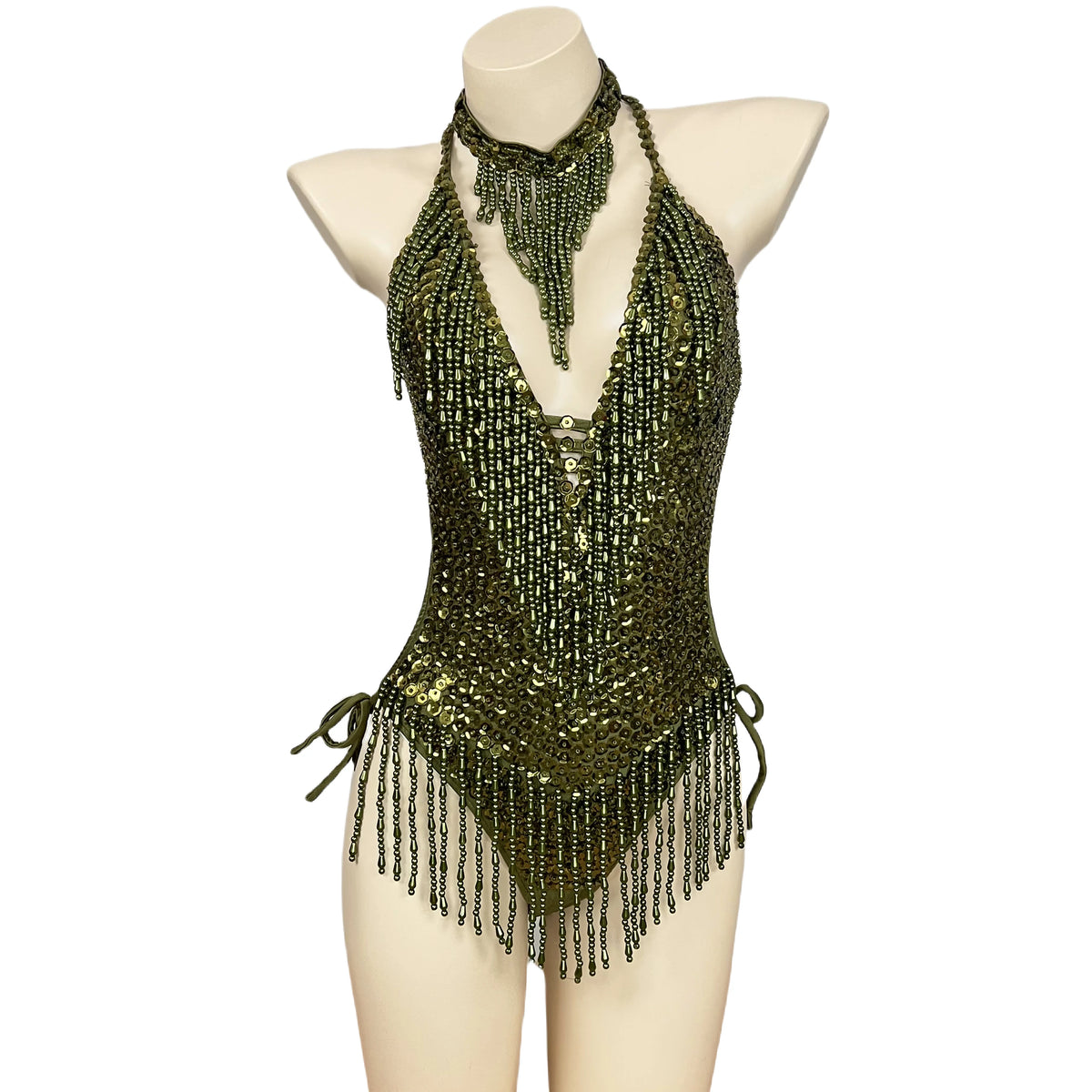 Women's Olive Green Beaded Sequin Halter Neck Fringe Latin Dance Leotard