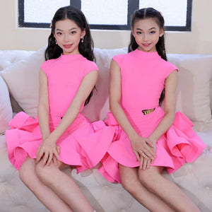 Girls Pink Short Sleeve Mock Neck Ruffle Latin Dance Dress