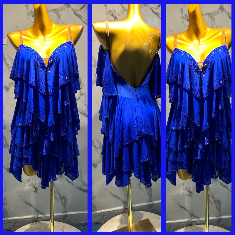 Women's Royal Blue Ruffled Sequin Latin Ballroom Dance Dress with Spaghetti Straps and Open Back