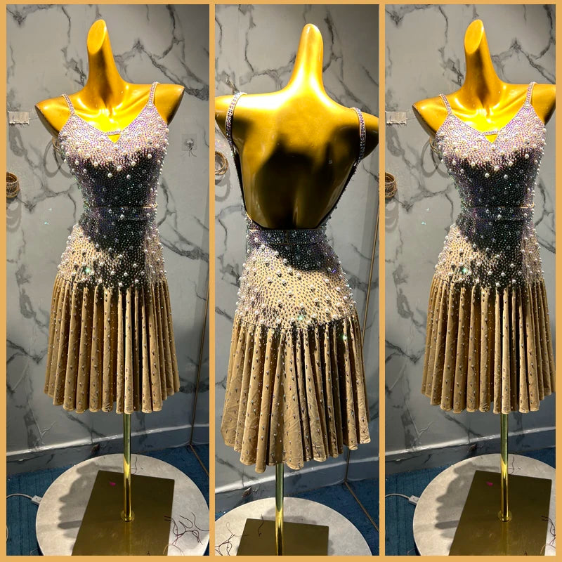 Women's Gold Embellished Latin Dance Dress with Open Back and Pleated Skirt