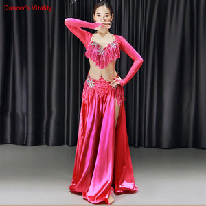 Women's Blue Sequin Fringe Long Sleeve Belly Dance Costume with Flowing Skirt