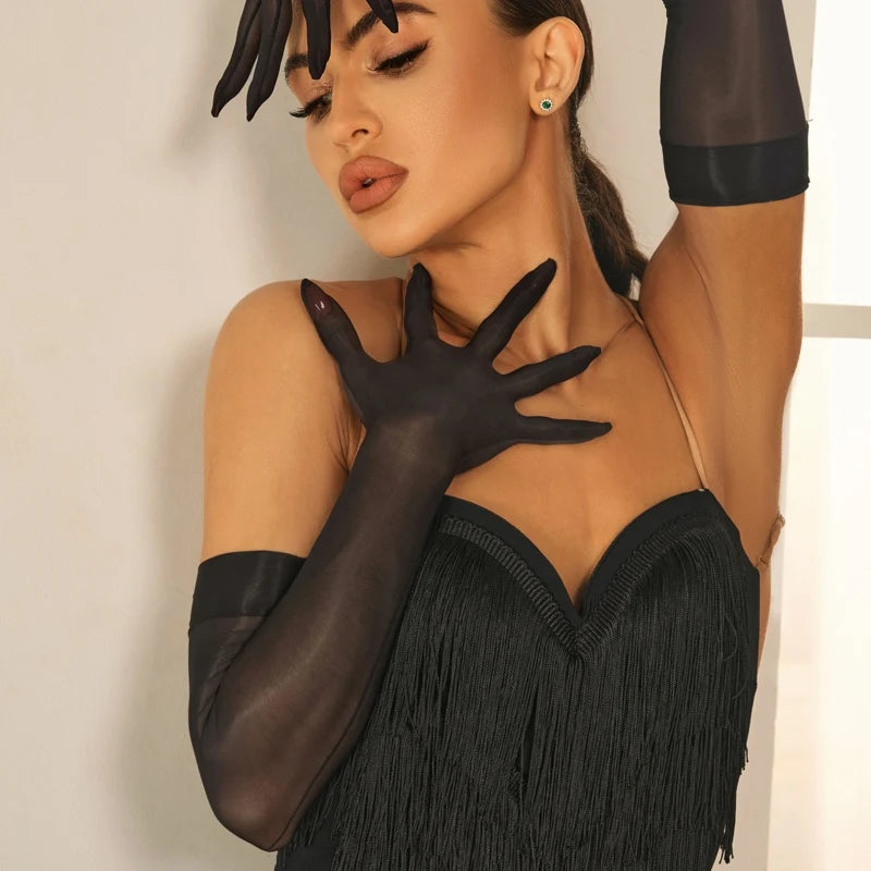 Dance Dress Women's Black Sheer Long Gloves, Fringe Embellished, Ballroom Latin
