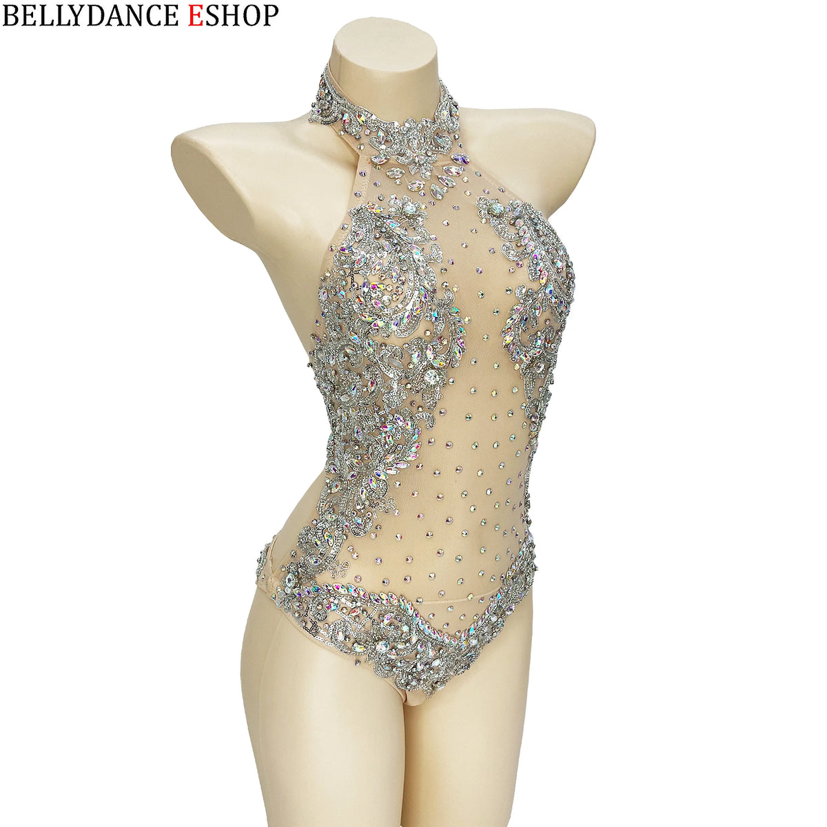 Women's Gold and Green Beaded Halter Neck Bodysuit, Ballroom Dance