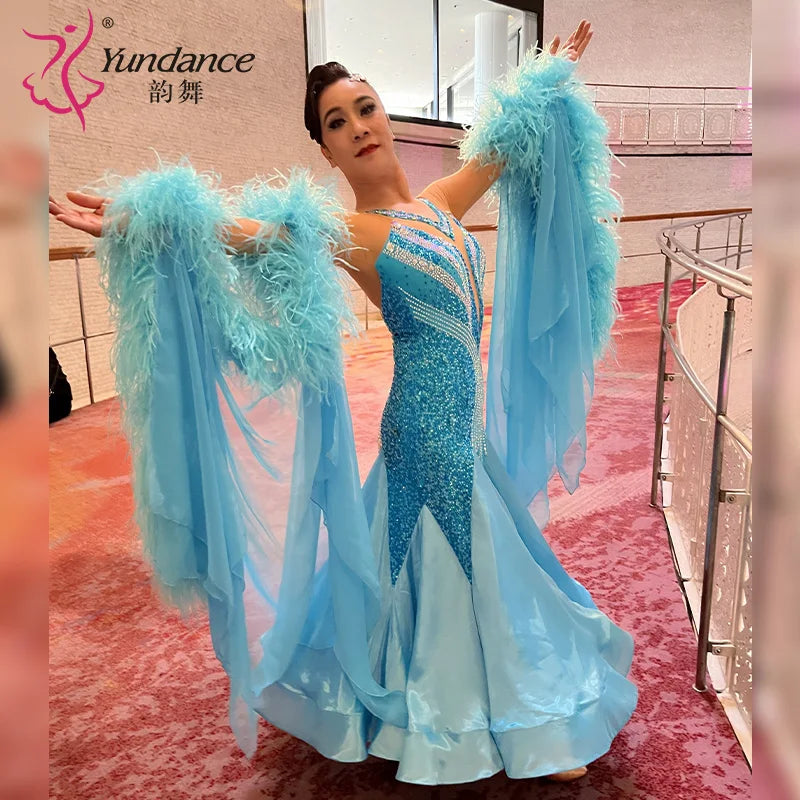 Women's Custom Ballroom Dance Competition Dress With Feather Trim In Stretch Fabric