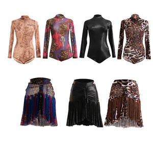 Women's Leopard Print Mesh Long Sleeve Bodysuit with Fringe Skirt Latin Dancewear