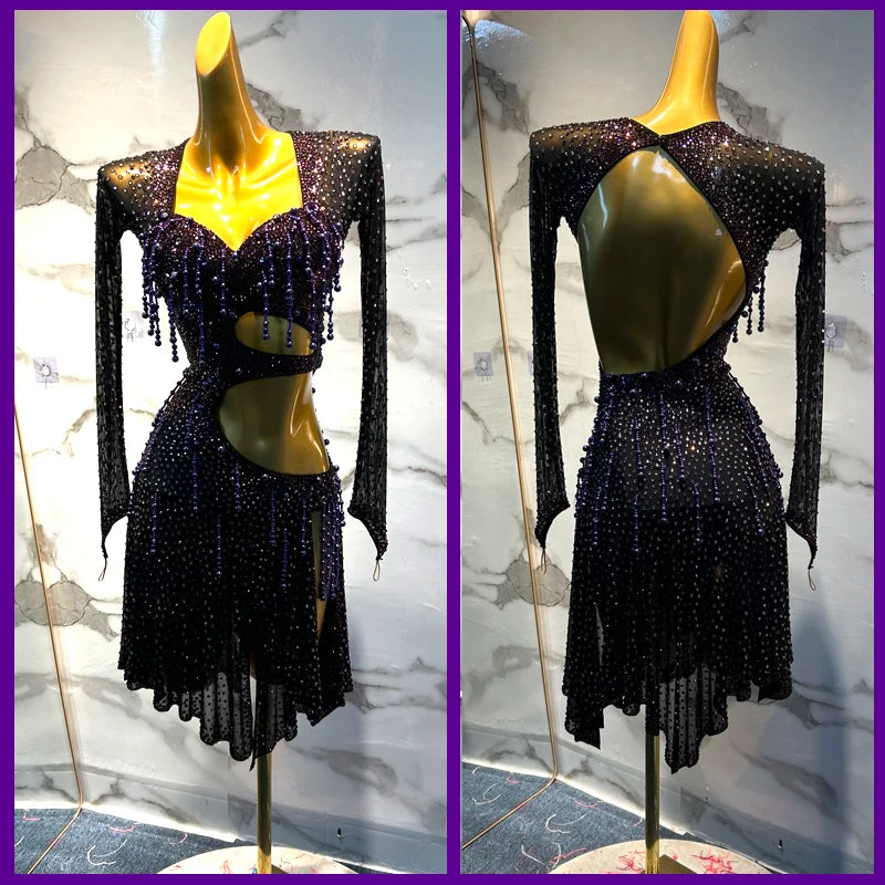 Latin Dance Dress Women Black Purple Beaded Fringe Cutout Rhinestone Mesh Long Sleeve Backless Rumba Samba Cha Cha Performance Costume