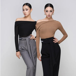 Women's Off-Shoulder Long Sleeve Dance Top, White, Black, or Tan, with High-Waisted Wide Leg Trousers, Brown, Grey, or Black, for Latin Ballroom Dance