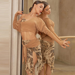 Dance Top and Skirt Set Women's Black and Multi-color Abstract Print Mesh Asymmetrical Hem Latin Dancewear