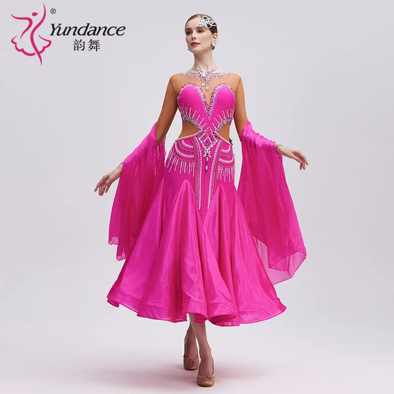 Women's Standard Ballroom Dance Dress Pearl Silk Rose Red For Competition