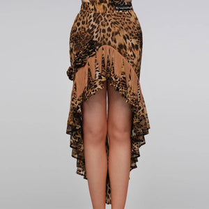 Women's Brown Leopard Print Latin Dance Dress with Black Lace, High-Low Hem, and Ruffled Detail