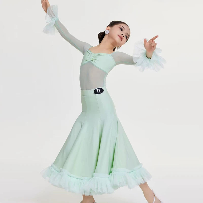 Girls Red Mesh & Ruffle Latin Ballroom Dance Dress with Square Neckline