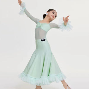 Girls Red Mesh & Ruffle Latin Ballroom Dance Dress with Square Neckline