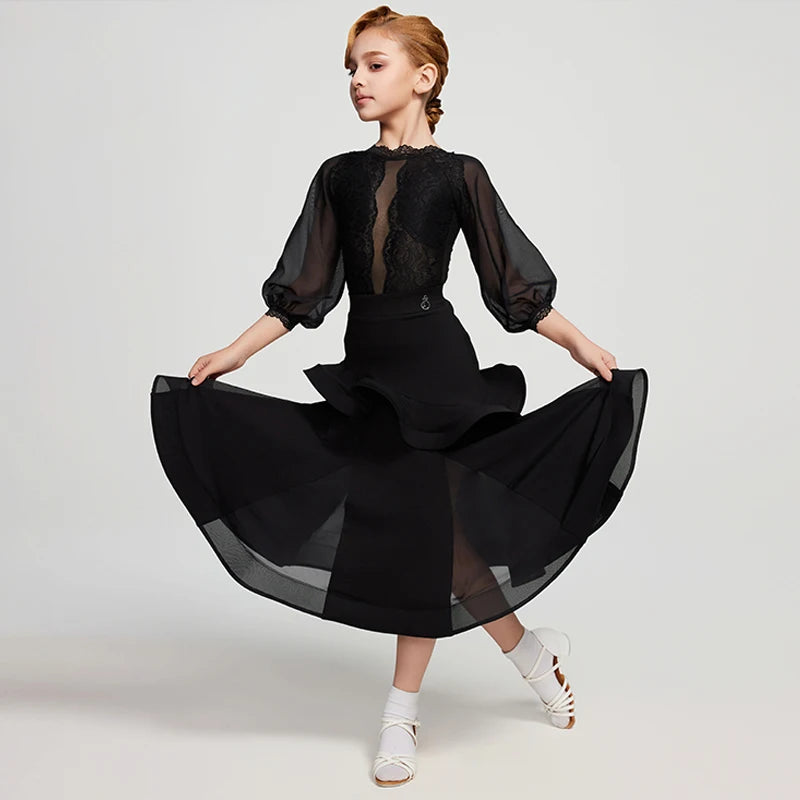 Kids Girls Black Sheer Lace Long Sleeve Ballroom Latin Dance Dress with Ruffled Skirt