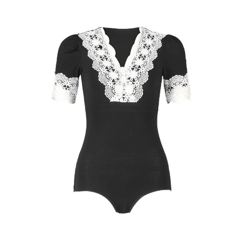 Women's Black and White Lace Leotard with Puff Sleeves, Latin Dance