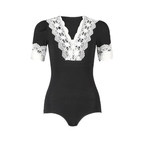 Women's Black and White Lace Leotard with Puff Sleeves, Latin Dance