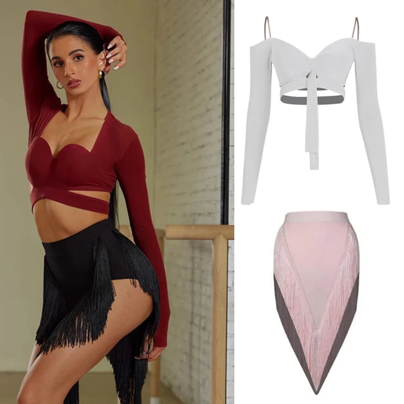 Women's Burgundy & Black Fringe Latin Dance Top and Shorts Set, Long Sleeve Sweetheart Crop Top, High Waist Fringe Shorts