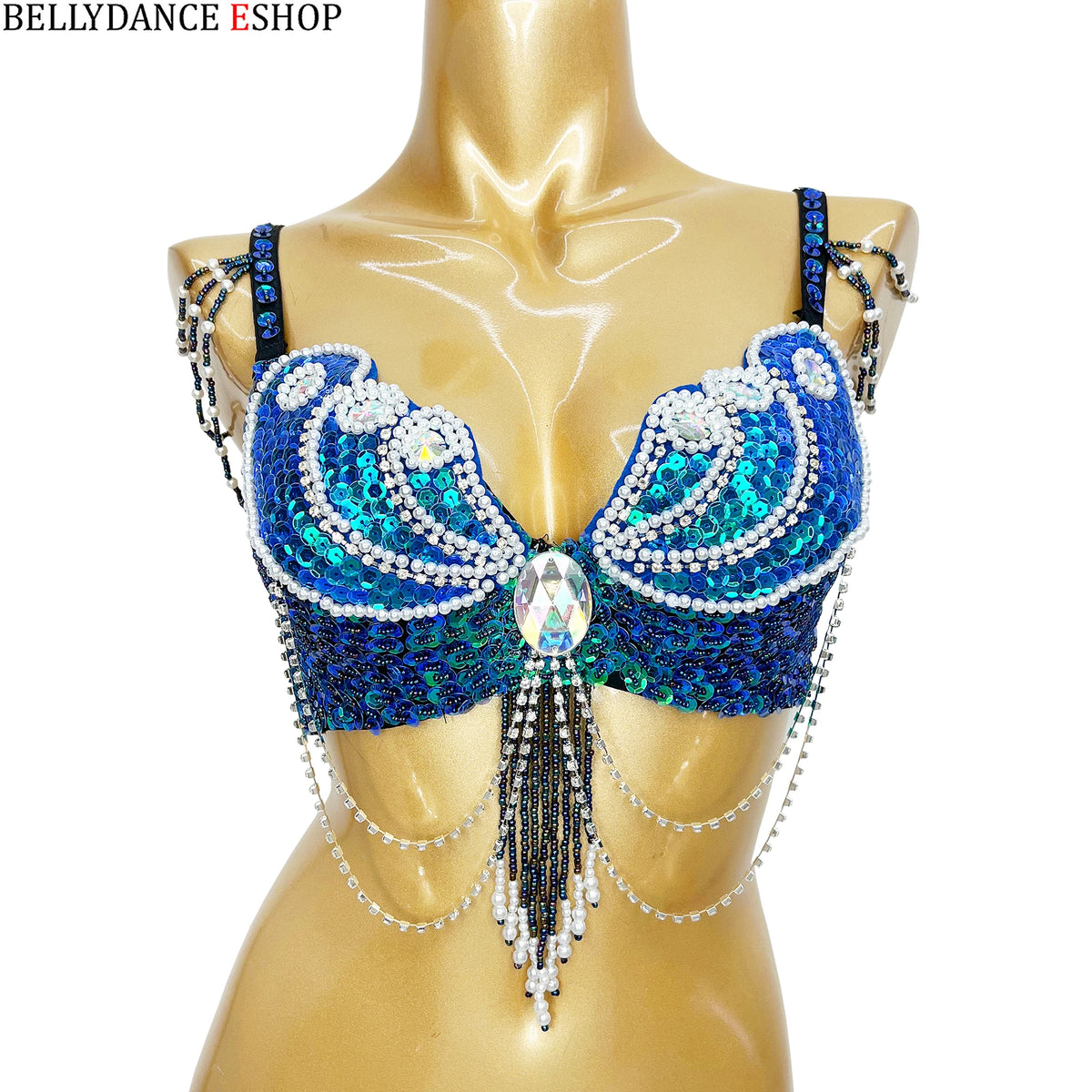 Women's Red Sequin & Pearl Beaded Belly Dance Bra Top with Shoulder & Waist Chains