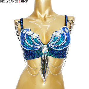 Women's Red Sequin & Pearl Beaded Belly Dance Bra Top with Shoulder & Waist Chains