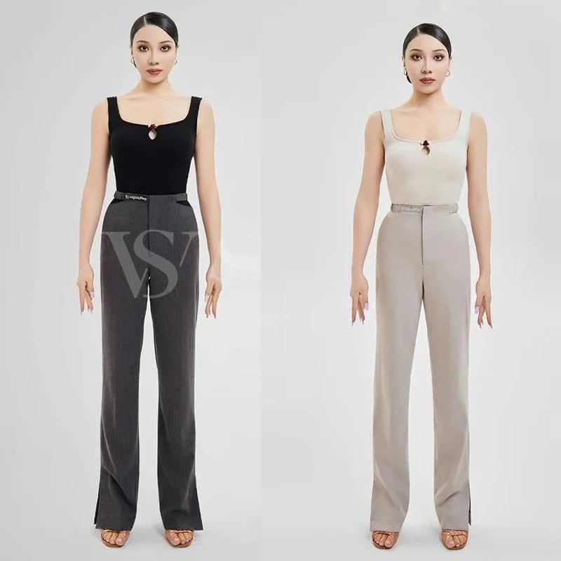 Women's Black and Beige Square Neck Bodysuit with Keyhole and Wide Leg Dance Trousers for Ballroom Dance