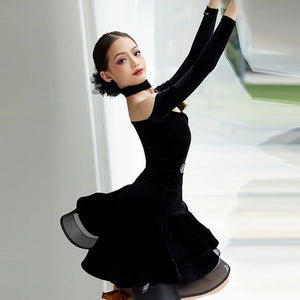 Girls Black Velvet Off-Shoulder Latin Dance Dress with Choker Neckline and Tiered Skirt