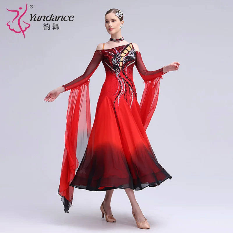 Women's Ballroom Standard Dance Dress Ombre Chiffon Red Black For Performance