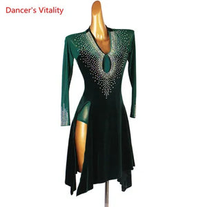 Latin Dance Dress Women Black Rhinestone Mesh Long Sleeve Keyhole Velvet Slit Skirt