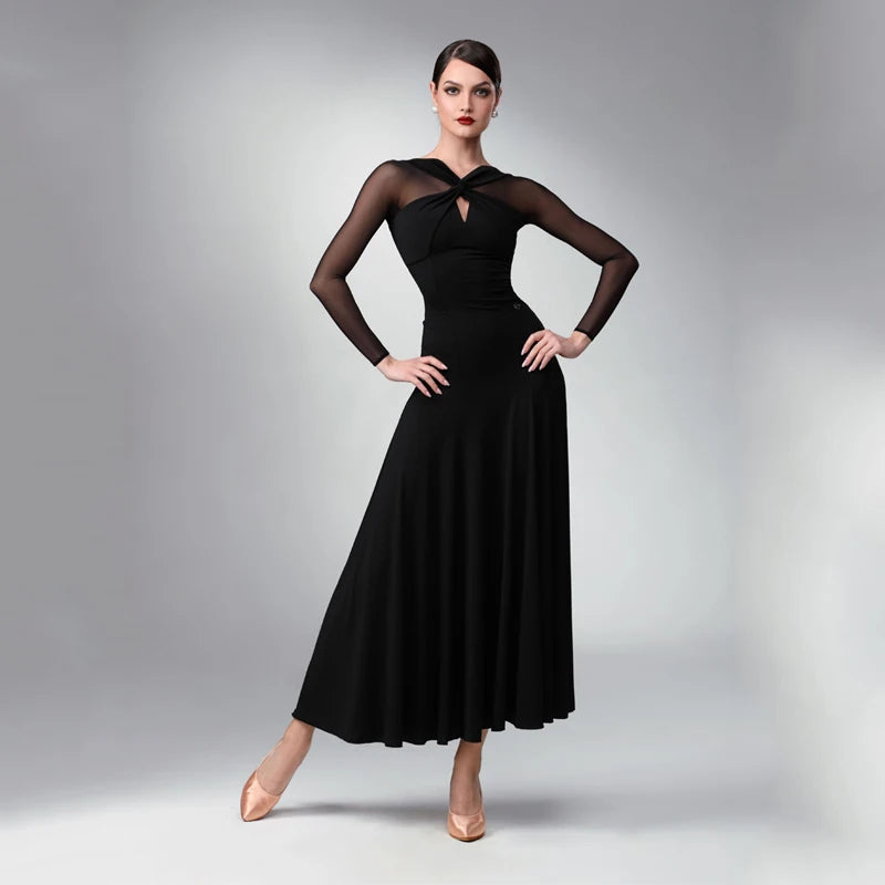 Women's Red Mesh Long Sleeve Ballroom Dance Dress, Women's Black Mesh Long Sleeve Ballroom Dance Dress, Women's Navy Blue Mesh Long Sleeve Ballroom Dance Dress