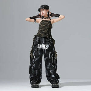 Kids Girls Camouflage Cami Top Black White Print Cargo Pants Hip Hop Dance Costume