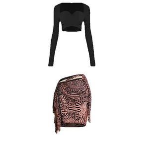 Dance Top and Skirt Set, Women's, Red and Black/Brown Animal Print, Long Sleeve Sweetheart Neck Wrap Crop Top with Asymmetrical Mesh Skirt, Latin Dance