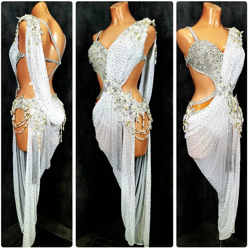 Women's White Crystal Beaded Draped Cutout Latin Rhythm Dance Dress