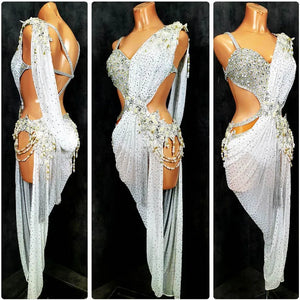 Women's White Crystal Beaded Draped Cutout Latin Rhythm Dance Dress