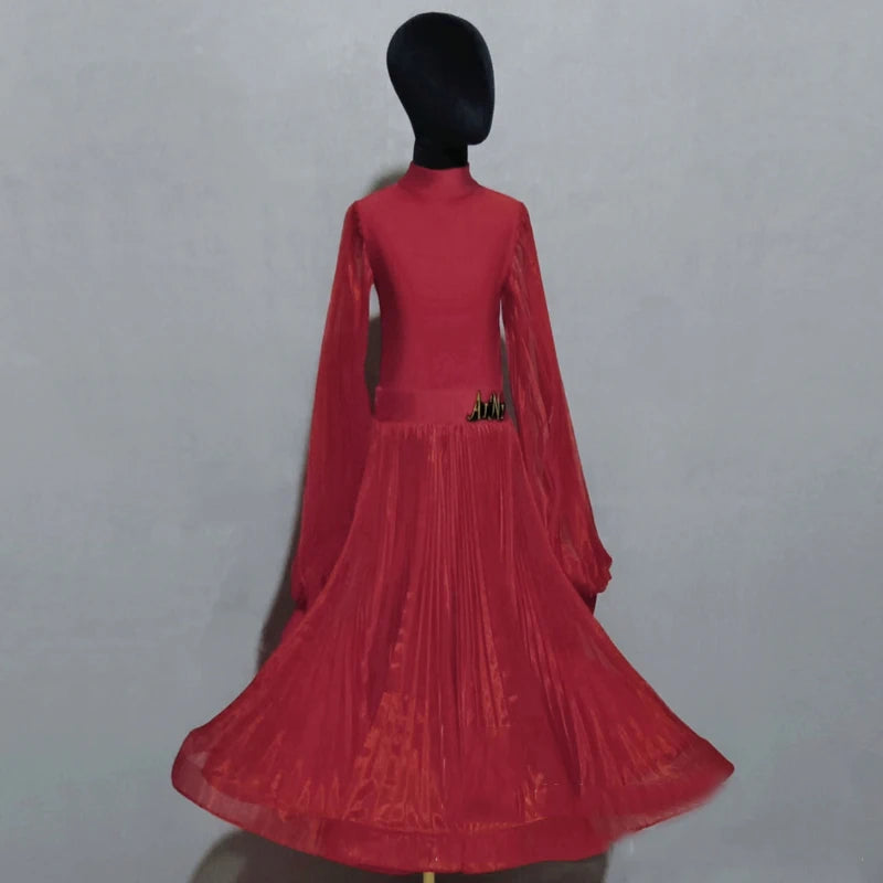 Children's Ballroom Dance Dress, Hot Pink, Royal Blue, Red, Yellow, Light Pink, Brown, Long Sleeve Mesh Skirt, Standard Latin Tango Waltz.