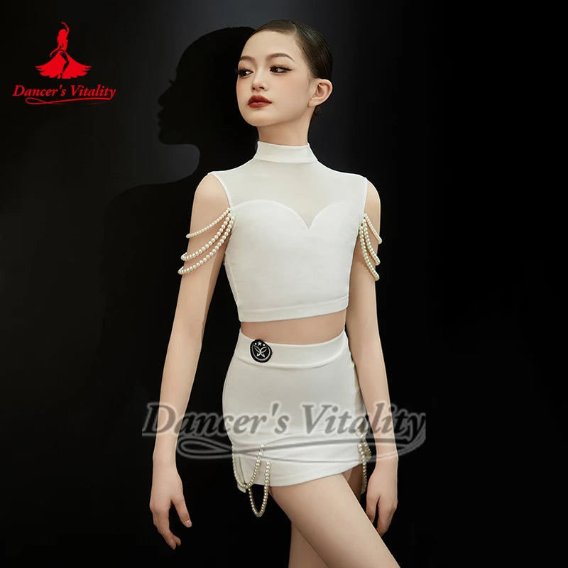 Girls Black & White Velvet Mesh Pearl Ballroom Dance Dress