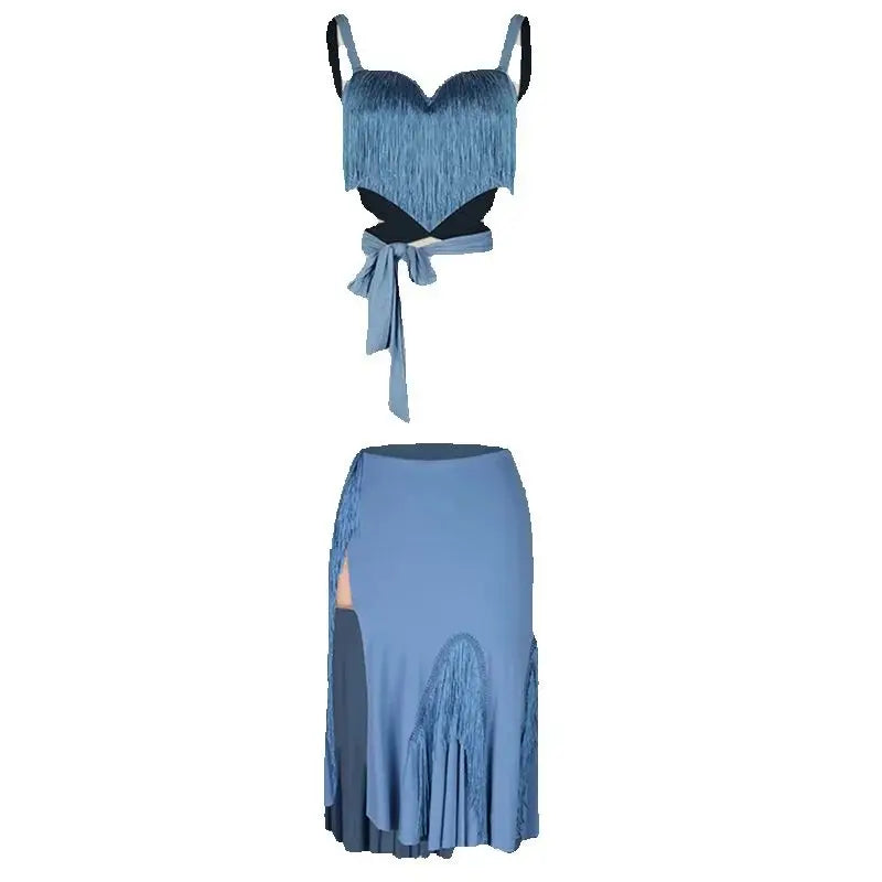 Women's Black & Blue Fringe Latin Dance Set, Backless Crop Top & Skirt with Slit
