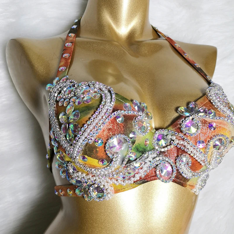 Women's Gold Ombre Sequin Rhinestone Halter Bra & Belt Set, Belly Dance