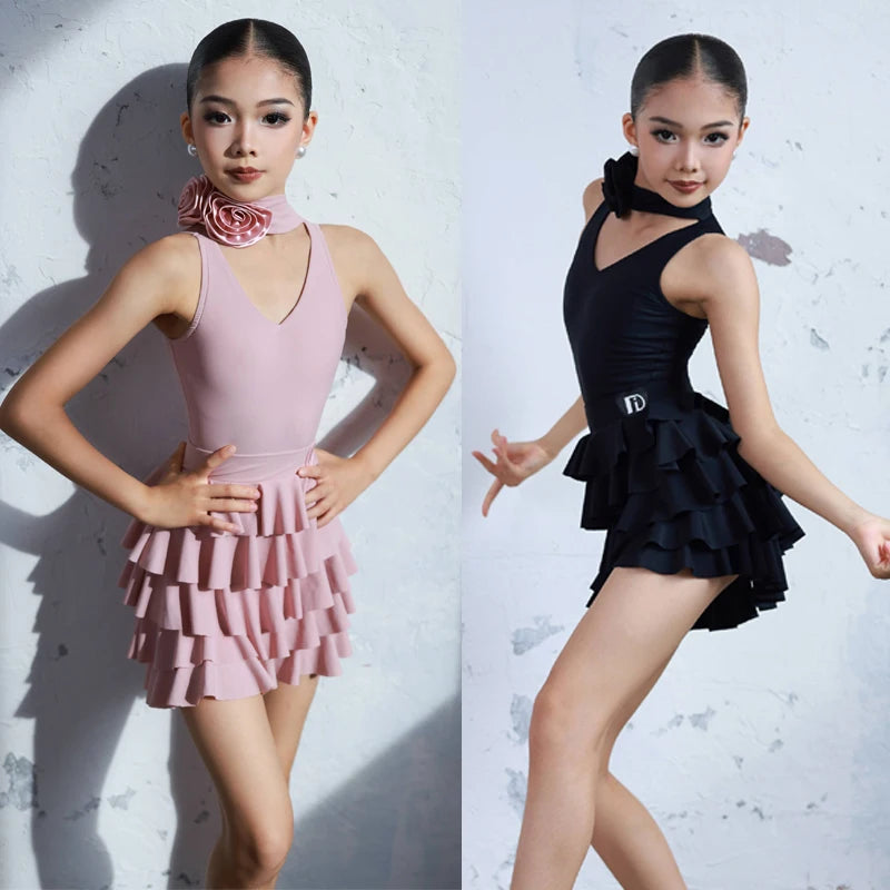 Girls' Pink V-Neck Ruffled Skirt Latin Dance Dress with Floral Choker, Black V-Neck Ruffled Skirt Latin Dance Dress with Floral Choker