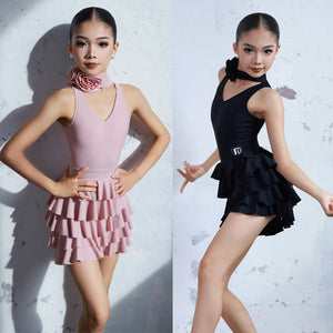 Girls' Pink V-Neck Ruffled Skirt Latin Dance Dress with Floral Choker, Black V-Neck Ruffled Skirt Latin Dance Dress with Floral Choker